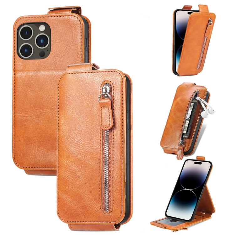 

For iPhone 14 Pro Zipper Wallet Vertical Flip Leather Phone Case(Brown)