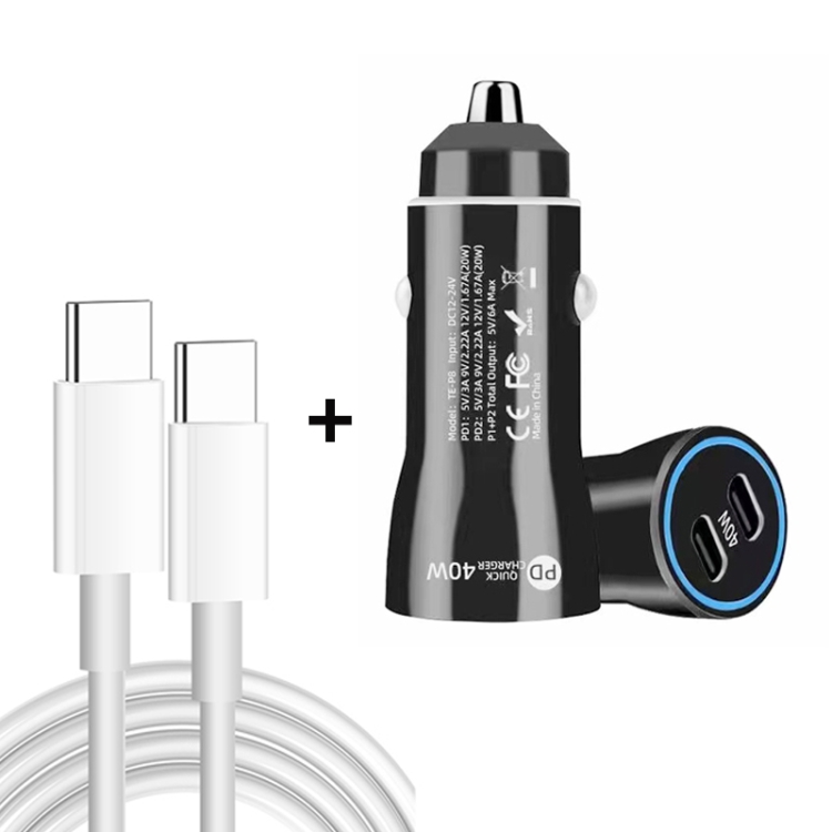 

TE-P8 40W PD20W + PD20W Dual Port PD3.0 Car Charger with Type-c to Type-C Data Cable, Length: 1m(Black)
