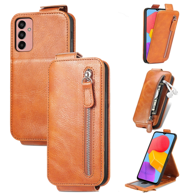 

For Samsung Galaxy M13 4G Zipper Wallet Vertical Flip Leather Phone Case(Brown)