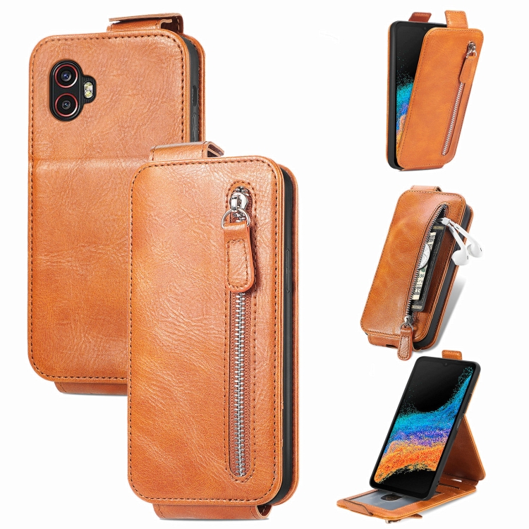 

For Samsung Galaxy Xcover6 Pro Zipper Wallet Vertical Flip Leather Phone Case(Brown)
