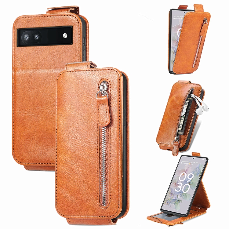 

For Google Pixel 6a Zipper Wallet Vertical Flip Leather Phone Case(Brown)