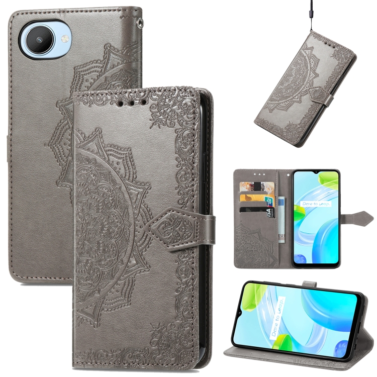 

For Realme C30 Mandala Flower Embossed Leather Phone Case(Gray)