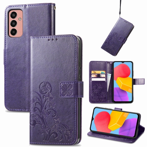 

For Samsung Galaxy M13 4G Four-leaf Clasp Embossed Buckle Leather Phone Case(Purple)