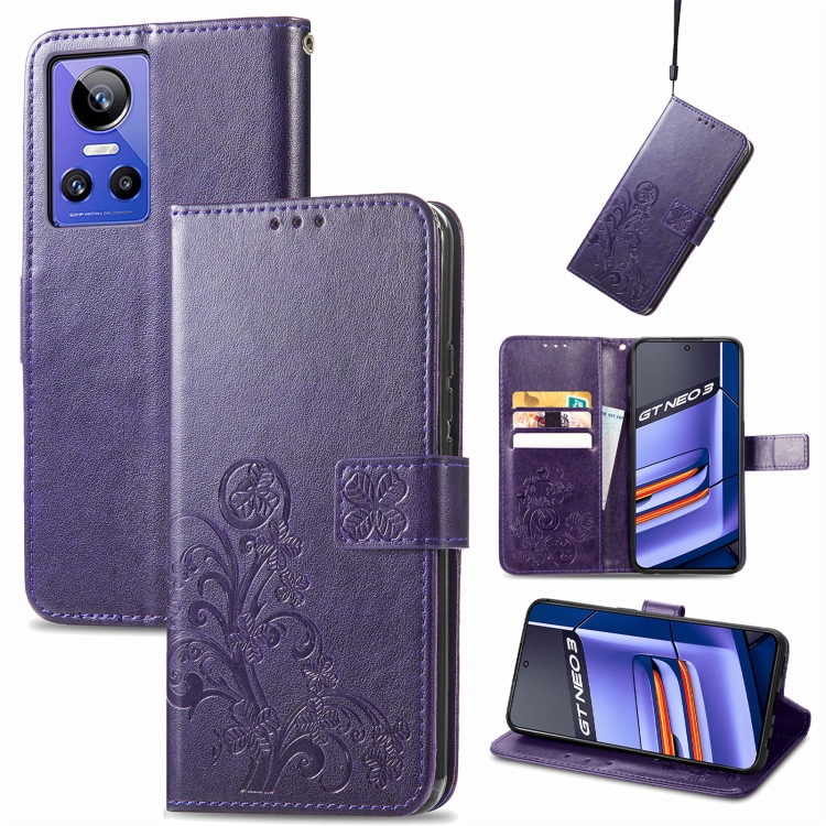 

For Realme GT Neo 3 Four-leaf Clasp Embossed Buckle Leather Phone Case(Purple)