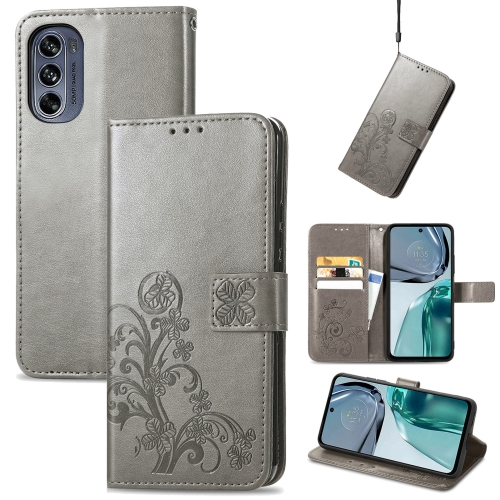 

For Motorola Moto G62 Four-leaf Clasp Embossed Buckle Leather Phone Case(Gray)