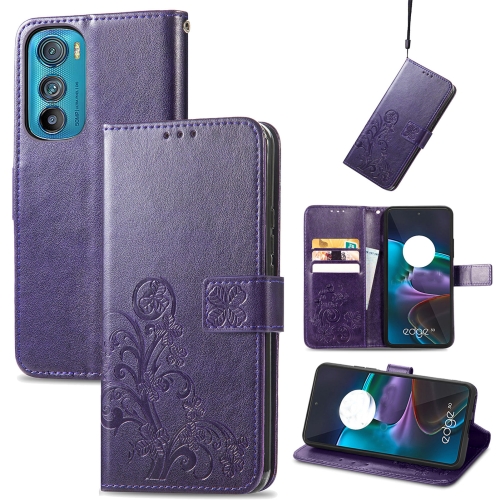 

For Motorola Edge 30 Four-leaf Clasp Embossed Buckle Leather Phone Case(Purple)