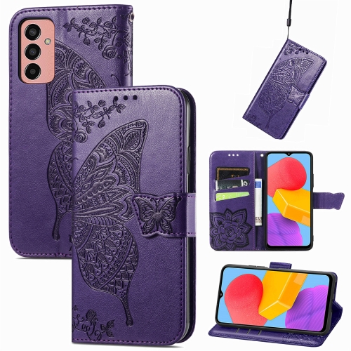 

For Samsung Galaxy M13 4G Butterfly Love Flower Embossed Flip Leather Phone Case(Dark Purple)