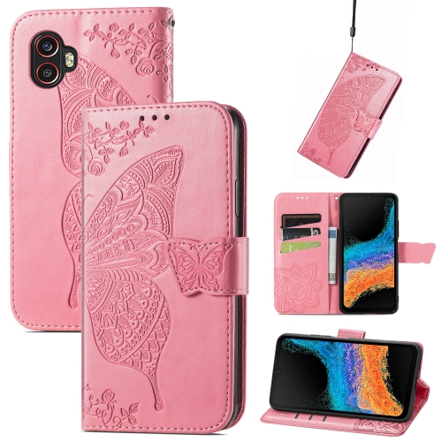 

For Samsung Galaxy Xcover6 Pro Butterfly Love Flower Embossed Flip Leather Phone Case(Pink)