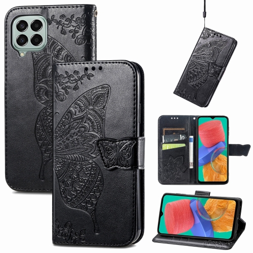 

For Samsung Galaxy M33 4G Butterfly Love Flower Embossed Flip Leather Phone Case(Black)