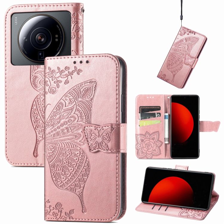

For Xiaomi 12S Ultra Butterfly Love Flower Embossed Flip Leather Phone Case(Rose Gold)