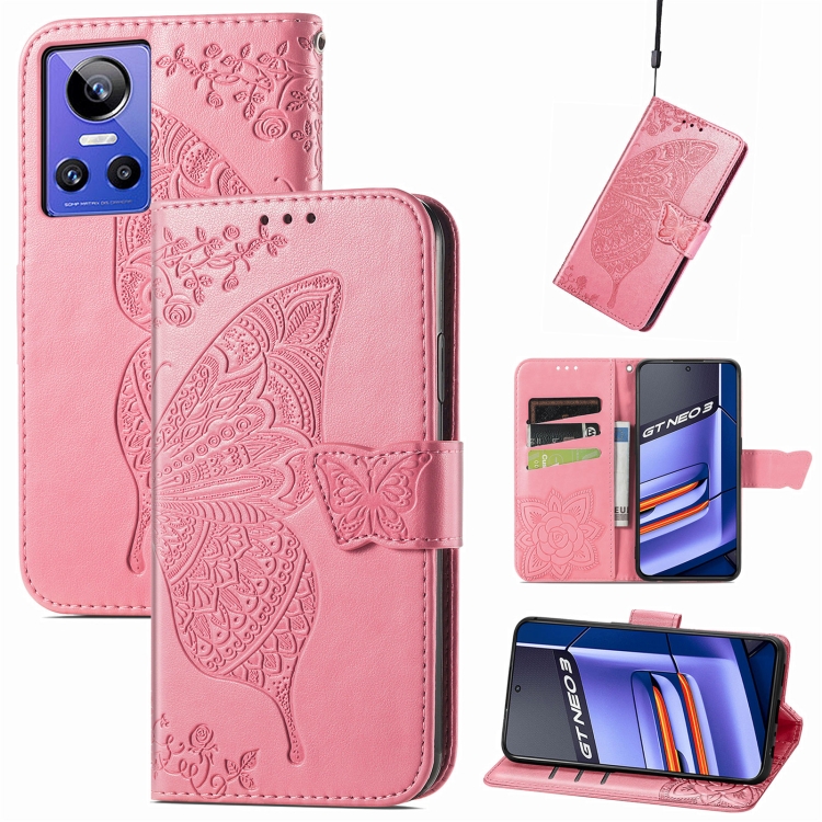 

For Realme GT Neo 3 Butterfly Love Flower Embossed Flip Leather Phone Case(Pink)