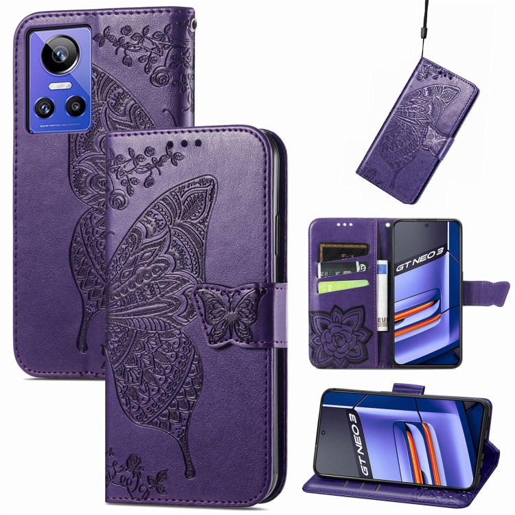 

For Realme GT Neo 3 Butterfly Love Flower Embossed Flip Leather Phone Case(Dark Purple)