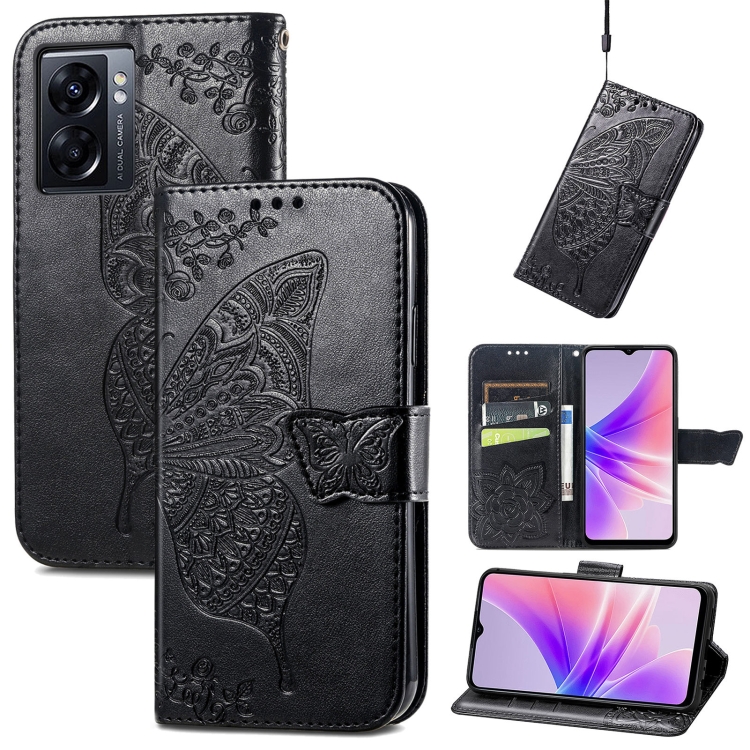 

For OPPO A77 Butterfly Love Flower Embossed Flip Leather Phone Case(Black)