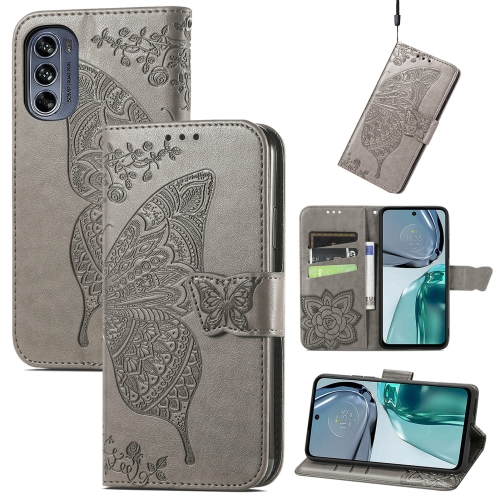 

For Motorola Moto G62 Butterfly Love Flower Embossed Flip Leather Phone Case(Gray)
