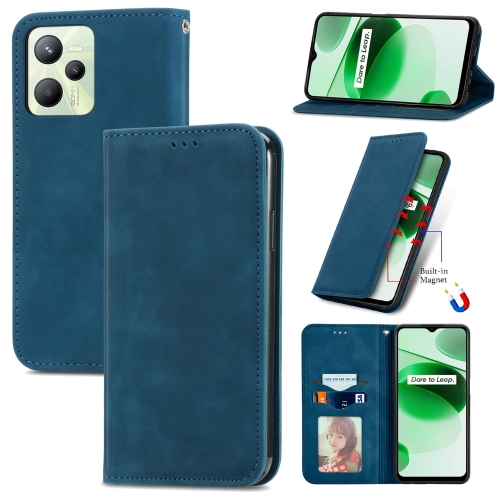 

For Realme C35 Retro Skin Feel Magnetic Leather Phone Case(Blue)