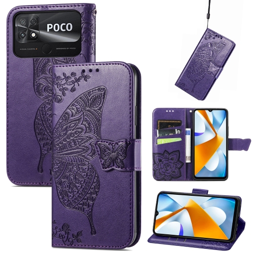 

For Xiaomi Poco C40 Butterfly Love Flower Embossed Flip Leather Phone Case(Dark Purple)