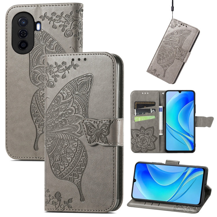 

For Huawei Enjoy 50 Butterfly Love Flower Embossed Flip Leather Phone Case(Gray)