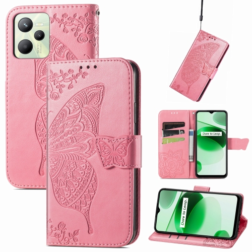 

For Realme C35 Butterfly Love Flower Embossed Flip Leather Phone Case(Pink)