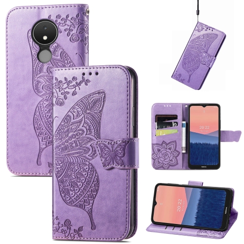 

For Nokia C21 Butterfly Love Flower Embossed Flip Leather Phone Case(Light Purple)