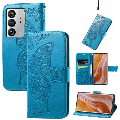 

For ZTE Axon 40 Ultra Butterfly Love Flower Embossed Flip Leather Phone Case(Blue)