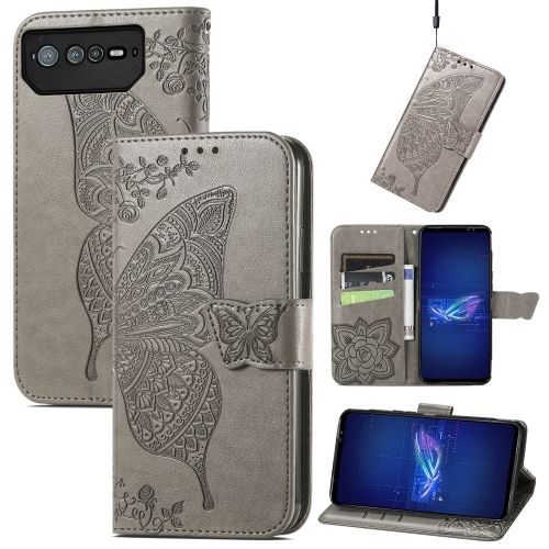 

For Asus ROG Phone 6 Butterfly Love Flower Embossed Flip Leather Phone Case(Gray)