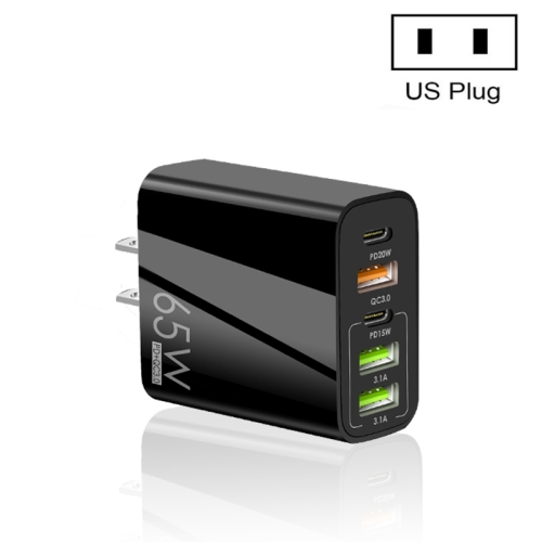 

65W Dual PD Type-C + 3 x USB Multi Port Charger for Phone and Tablet PC, US Plug(Black)