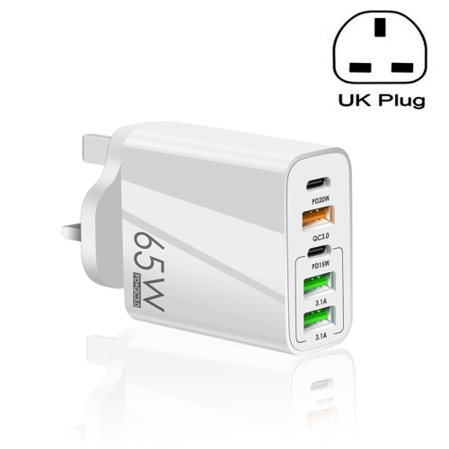 

65W Dual PD Type-C + 3 x USB Multi Port Charger for Phone and Tablet PC, UK Plug(White)