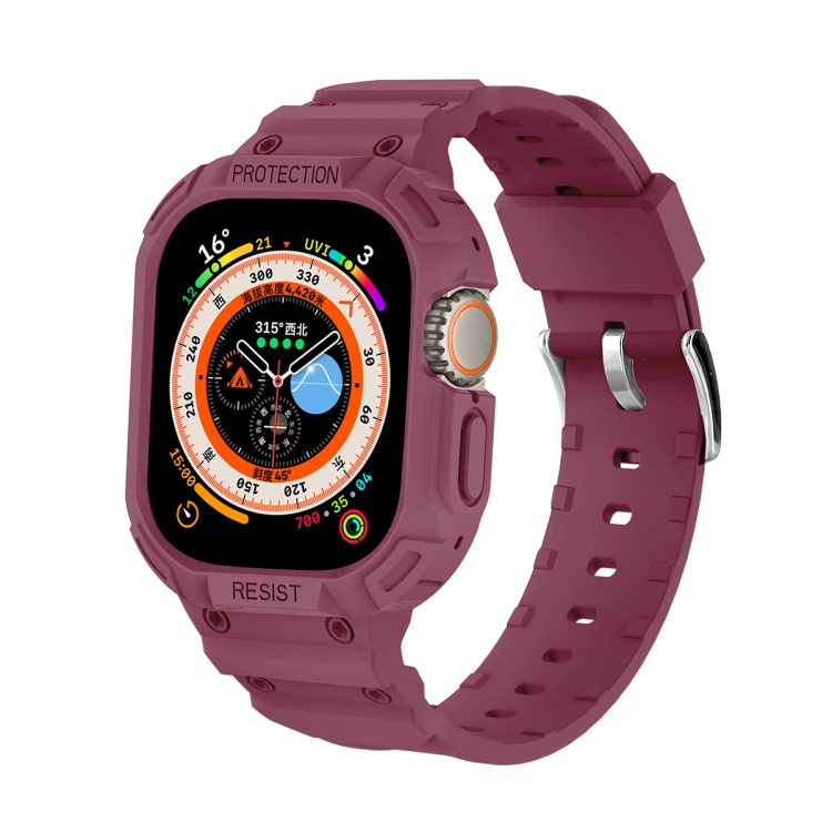 

For Apple Watch Ultra 49mm JUNSUNMAY Integrated TPU Case Adjustable Elastic Watch Band(Purplish Red)