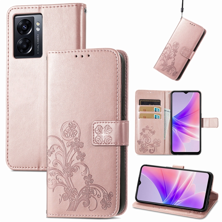 

For OPPO A77 Four-leaf Clasp Embossed Buckle Leather Phone Case(Rose Gold)