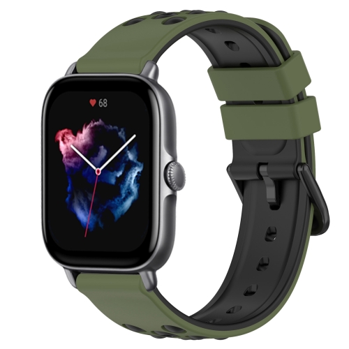 Para Amazfit GTS 3 20 mm Correa de reloj de silicona porosa de dos colores  (verde militar + negro)