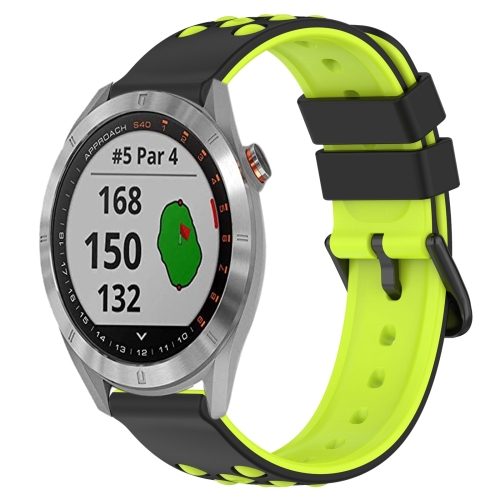 

For Garmin Approach S40 20mm Two-Color Porous Silicone Watch Band(Black+Lime Green)
