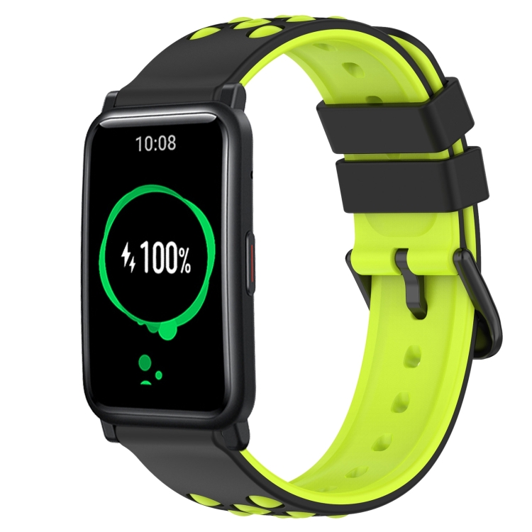 

For Honor Watch ES 20mm Two-Color Porous Silicone Watch Band(Black+Lime Green)