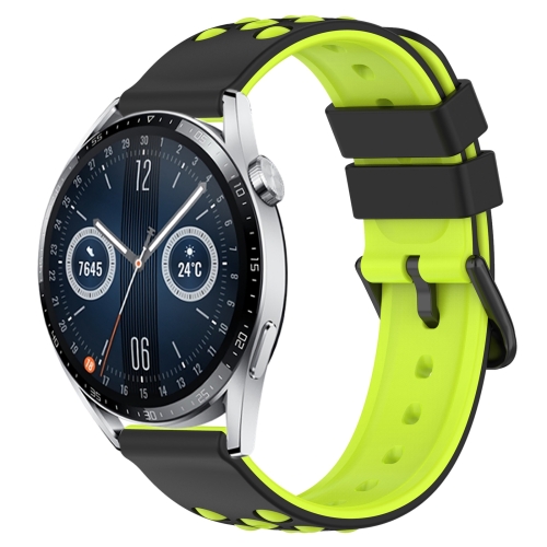 

For Huawei Watch GT3 46mm 22mm Two-Color Porous Silicone Watch Band(Black+Lime Green)