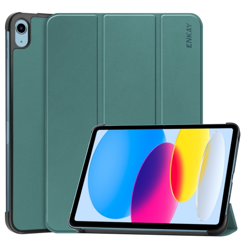 

For iPad 10th Gen 10.9 2022 ENKAY Tri-fold Custer Texture Leather Stand Smart Case(Dark Green)