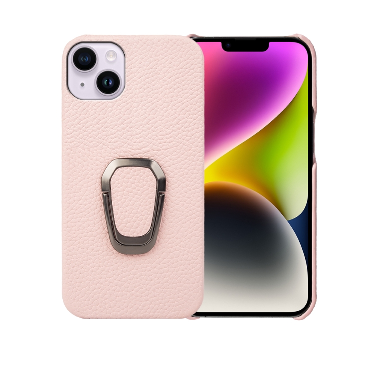 

For iPhone 14 Plus Ring Holder Litchi Texture Genuine Leather Phone Case(Pink)