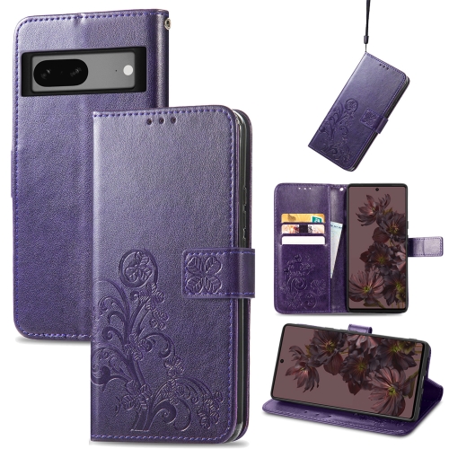 

For Google Pixel 7 Four-leaf Clasp Embossed Buckle Leather Phone Case(Purple)