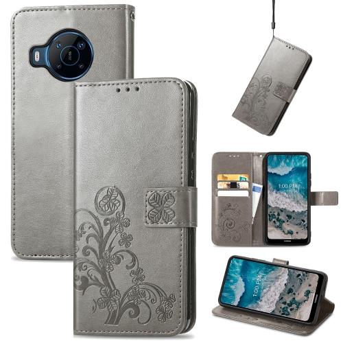 

For Nokia X100 5G Four-leaf Clasp Embossed Buckle Leather Phone Case(Gray)