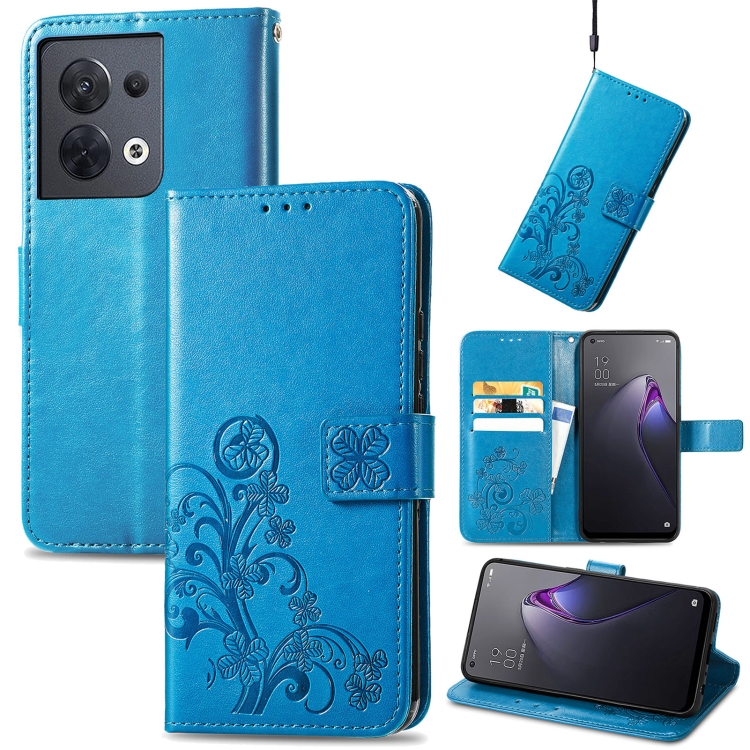 

For OPPO Reno8 5G Four-leaf Clasp Embossed Buckle Leather Phone Case(Blue)