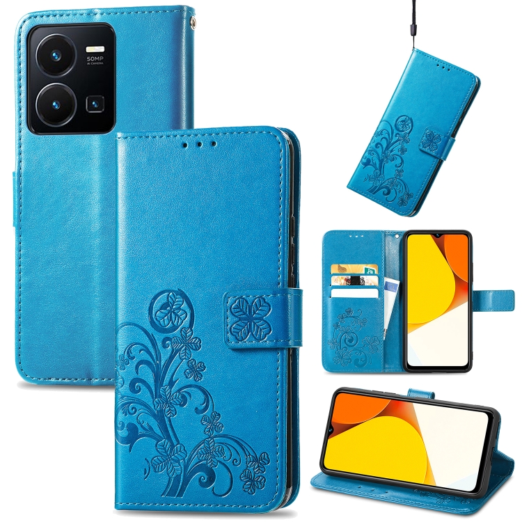 

For vivo Y35 Four-leaf Clasp Embossed Buckle Leather Phone Case(Blue)