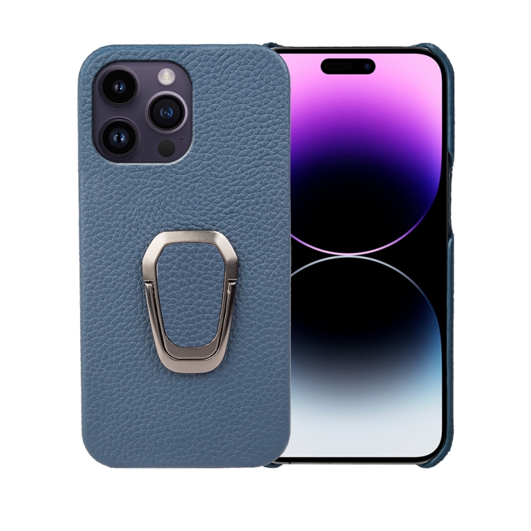 

For iPhone 14 Pro Max Ring Holder Litchi Texture Genuine Leather Phone Case(Blue)