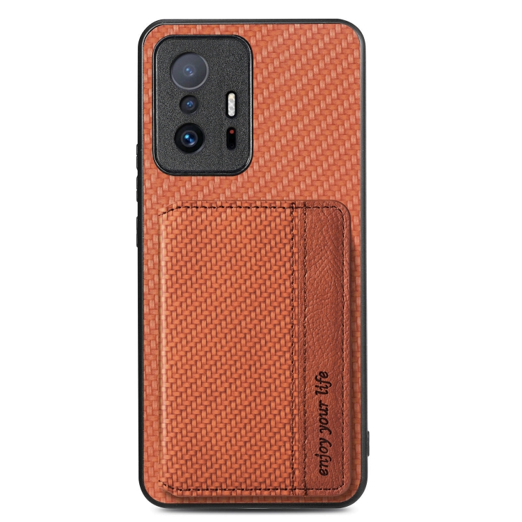 

For Xiaomi Mi 11T Carbon Fiber Magnetic Card Bag Phone Case(Brown)