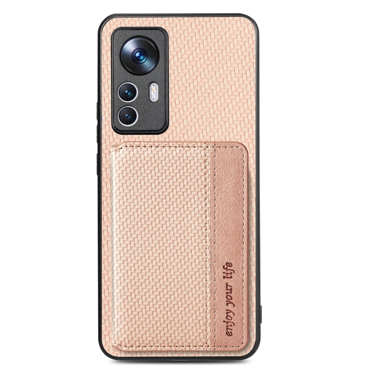 

For Xiaomi 12T Carbon Fiber Magnetic Card Bag Phone Case(Khaki)