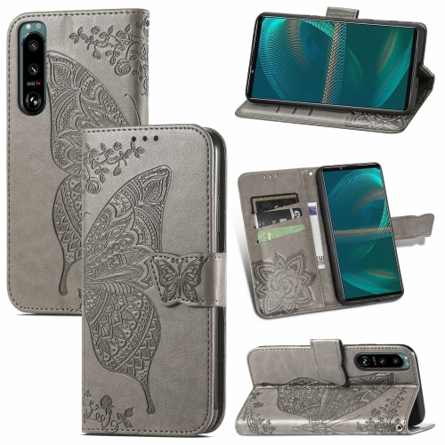 

For Sony Xperia 5 IV Butterfly Love Flower Embossed Leather Phone Case(Gray)