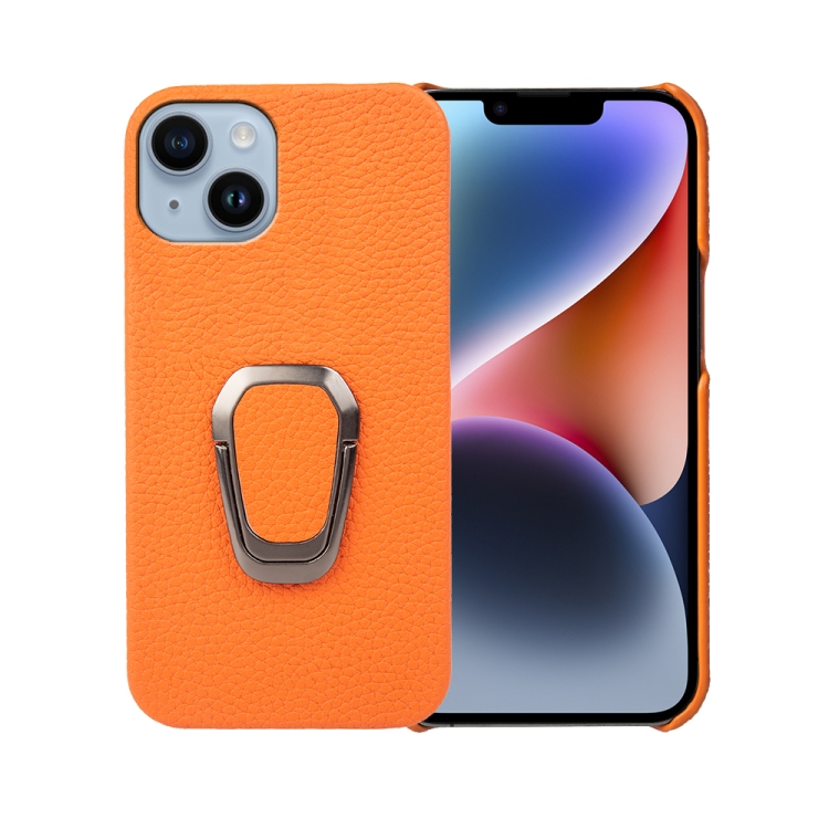 

For iPhone 14 Ring Holder Litchi Texture Genuine Leather Phone Case(Yellow)