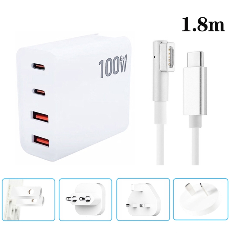

GaN 100W Dual USB+Dual USB-C/Type-C Multi Port Charger with 1.8m Type-C to MagSafe 1 / L Header Data Cable US / EU / UK / AU Plug