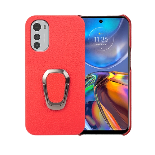 

For Motorola Moto E32 4G Ring Holder Litchi Texture Genuine Leather Phone Case(Red)