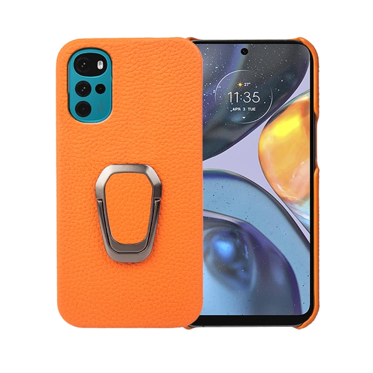 

For Motorola Moto G22 Ring Holder Litchi Texture Genuine Leather Phone Case(Yellow)