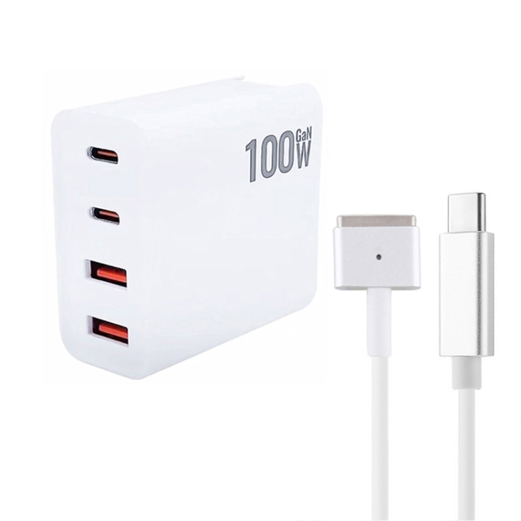 

GaN 100W Dual USB-C/Type-C + Dual USB Multi Port Charger with 1.8m Type-C to MagSafe 2 / T Header Data Cable, Plug Size:US Plug