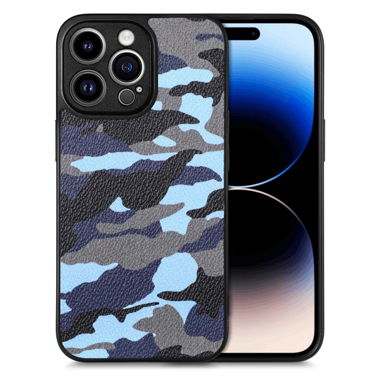 

For iPhone 14 Pro Camouflage Leather Back Cover Phone Case(Blue)