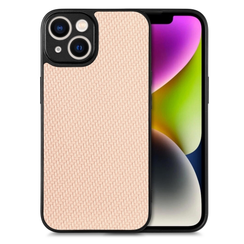 

For iPhone 14 Carbon Fiber Texture Leather Back Cover Phone Case(Khaki)